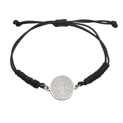 925 Sterling Silver San Benito Bracelet For Women And Men, Catholic Multicolor Bracelet St. Benedict Medal Hand Knitted Knot Coin Beaded Adjustable Religious Prayer Faith - color: Black Silver - San Benito Bracelet