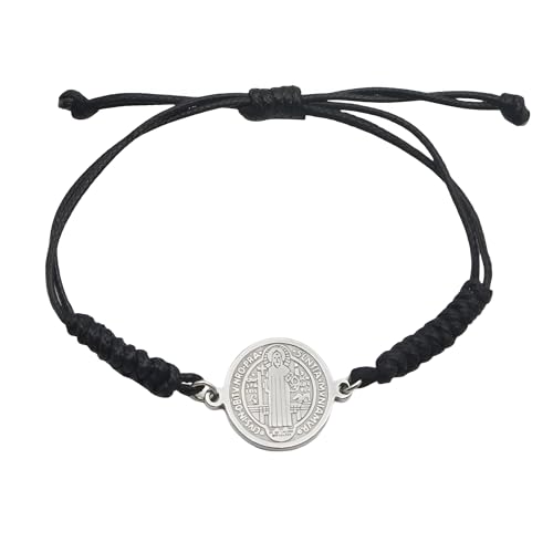 925 Sterling Silver San Benito Bracelet For Women And Men, Catholic Multicolor Bracelet St. Benedict Medal Hand Knitted Knot Coin Beaded Adjustable Religious Prayer Faith - color: Black Silver - San Benito Bracelet