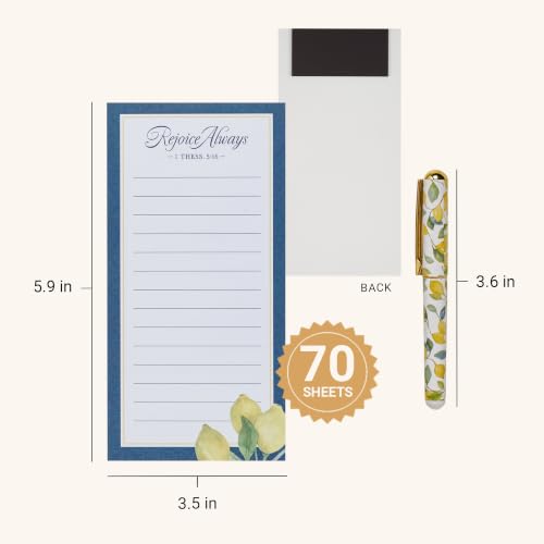 Christian Art Gifts Magnetic Notepad & Pen Set, Lemon Theme, Rejoice Always - color: Navy & Yellow Lemon/Rejoice Always