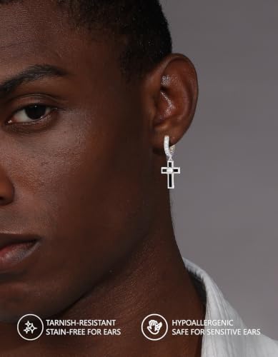KRKC&CO Dangle Cross Earrings for Men, Sterling Silver Plated Black Drop - color: Silver-H