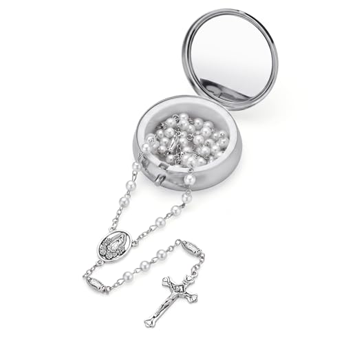 Guadalupe Rosary Beads for Women with Metal Box and 18pcs Holy - color: White