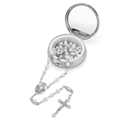 Guadalupe Rosary Beads for Women with Metal Box and 18pcs Holy - color: White