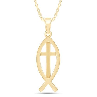 Christian Fish Cross Pendant Necklace for Women Religious Faith Jewelry - color: yellow-gold-plated-silver