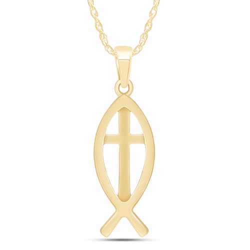 Christian Fish Cross Pendant Necklace for Women Religious Faith Jewelry - color: yellow-gold-plated-silver