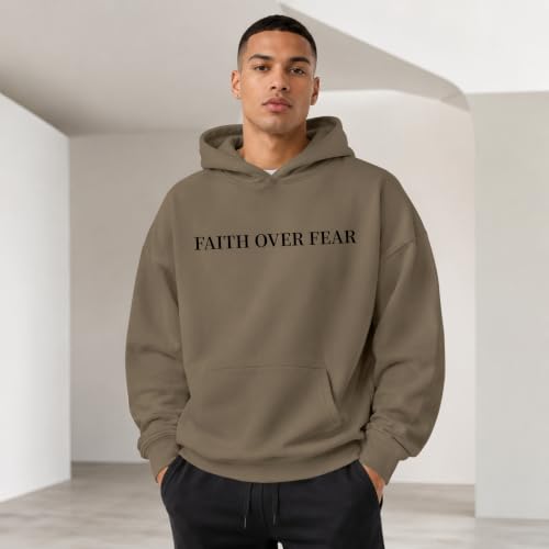 Faith Over Fear Christian Hoodies for Men Religious Jesus Hoodie Bible Verse Graphic Sweatshirt Fleece Pullover - color: Coffee, size: Medium