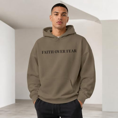 Faith Over Fear Christian Hoodies for Men Religious Jesus Hoodie Bible Verse Graphic Sweatshirt Fleece Pullover - color: Coffee, size: XX-Large