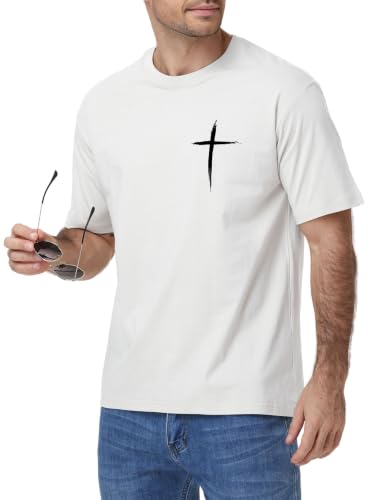 HOUZONIY Christian Tshirts for Men Cross Print Graphic Oversized Crewneck Jesus Faith Cotton Casual Short Sleeve Top Tee - color: White, size: X-Large