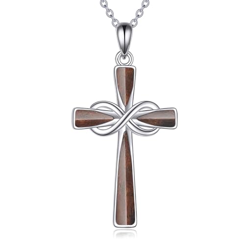 Infinity Cross Necklace S925 Sterling Silver Turquoise/Wooden/Opal/Abalone Cross Pendant Necklaces Christian Jewelry Gifts For Women - style: Wooden