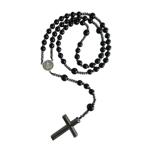 Bovemee Saint Benedict Medal Prayer Pocket Rosary Catholic Brown Wood Beads with Medalla de san benitol and Crucifix, 9 Inch - color: Nature stone Black