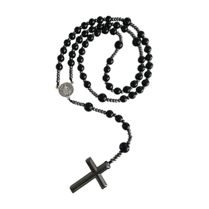 Bovemee Saint Benedict Medal Prayer Pocket Rosary Catholic Brown Wood Beads with Medalla de san benitol and Crucifix, 9 Inch - color: Nature stone Black