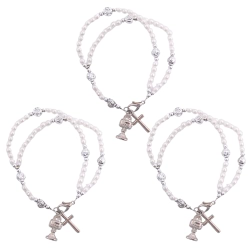 Wowser First Communion Double Strand Imitation Pearl Rosary Bracelet with Prayer Card, Set of 3, Sacramental Accessory, Religious Gift