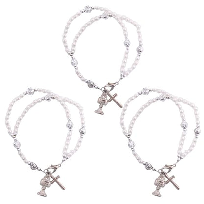 Wowser First Communion Double Strand Imitation Pearl Rosary Bracelet with Prayer Card, Set of 3, Sacramental Accessory, Religious Gift