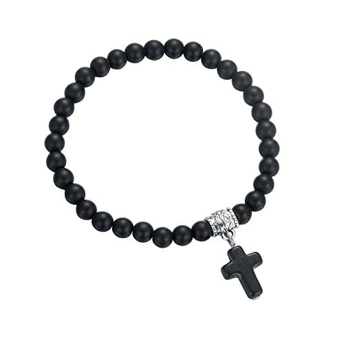 Softones 6mm Bead Cross Pendant Bracelet for Women Healing Stone Stretch Prayer Bracelet for Women,with Gift Box - color: Onyx