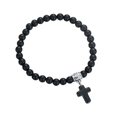 Softones 6mm Bead Cross Pendant Bracelet for Women Healing Stone Stretch Prayer Bracelet for Women,with Gift Box - color: Onyx