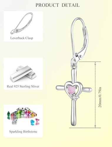 Cross Earrings 925 Sterling Silver Opal Crucifix Dangle Drop Earring Heart Birthstone Religious Jewelry for Women - color: Pink Opal