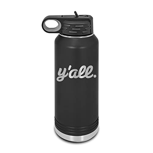 Y'all Laser Engraved Water Bottle Customizable Polar Camel Stainless Steel with Straw - southern script you all you’ll Black 32 oz - color: Black