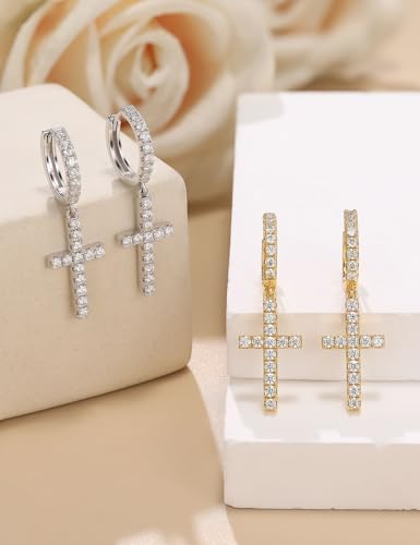 Moissanite Sterling Silver Cross Earrings for Women Huggie Drop - color: Cross Dangle (Gold)