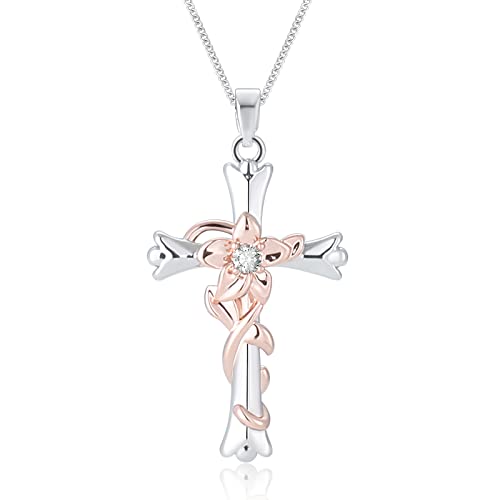 ACECHA Silver Cross Necklace for Women, Crosses Pendant with Birthflower - color: Narcissus-Vitality