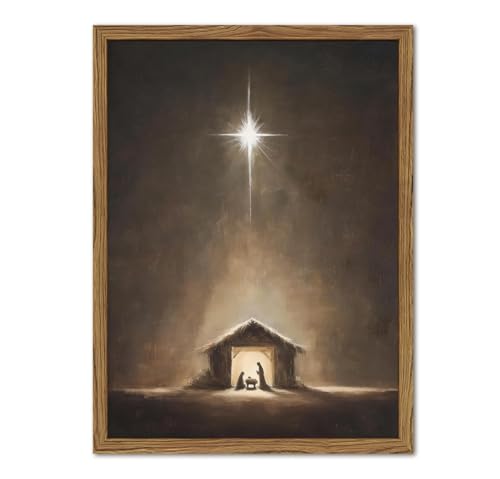 Nativity Scene Wall Art Jesus Nativity Wall Decor Painting Christian Beneath Bethlehem Star Manger Religious Poster Canvas Print Pictures for Prayer Living Room Bedroom 16x24 inch Wood Framed - color: Jesus-F, size: 24"L x 16"W