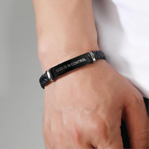 God is in Control Leather Bracelet, Stainless Steel Christian Faith Braided Engraved Bar Bracelets Self Worth Motivation Bracelet Inspirational Friendship Jewelry for Men Women - color: Black