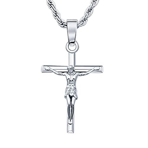 HELLOICE Crucifix Cross Necklace 18K Gold Plated Cross Pendant with 3mm 22" Rope Chain for Men Women - style: Crucifix Cross-Silver