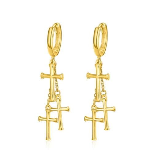Cross Earrings 925 Sterling Silver Cross Dangle Earrings Christianity Jewelry Gift for Men Women - style: 3 Cross-Gold