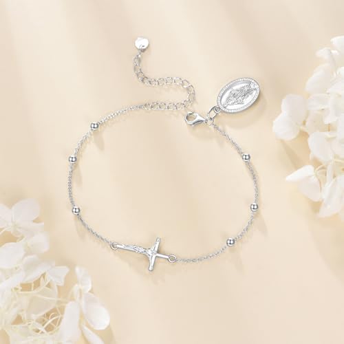 Catholic Rosary Bracelet for Women 925 Sterling Silver Crucifix Cross Virgin Mary Medal Beaded Chain Religious Jewelry Gift for Her