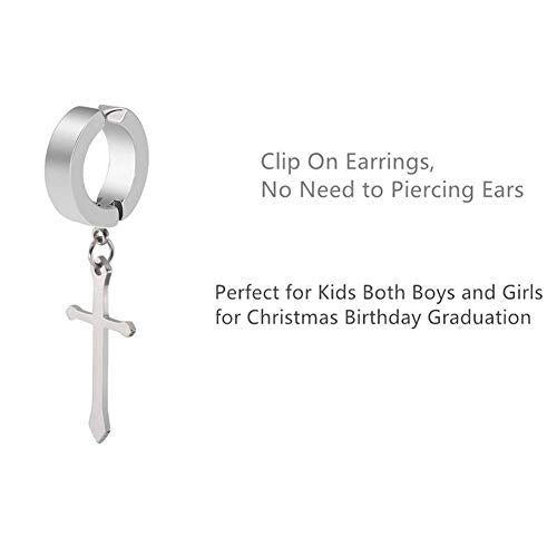 Non-pierced Earrings Set for Men Women Cross Titanium Steel Hoop Dangle Clip On Earring - style: Silver