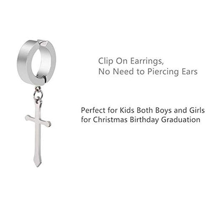 Non-pierced Earrings Set for Men Women Cross Titanium Steel Hoop Dangle Clip On Earring - style: Silver