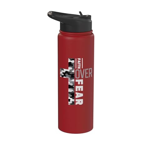 Faith Over Fear Christian Camo Cross Religious Bible Verse Stainless Steel Insulated Water Bottle - color: Red
