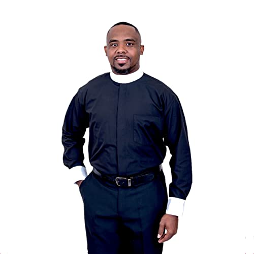 Mens Long Sleeve Standard Cuff Full Neckband Collar with Contrast Cuff Clergy Shirt | Black - size: 16" Neck 32"-33" Sleeve