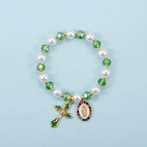 Stretchy Virgin Mary Bracelet with Cross Charm - Multi-Color Pearl Crystal Beaded Catholic Religious Jewelry for Women, Christian Gift for Baptism Confirmation First Communion - color: Green