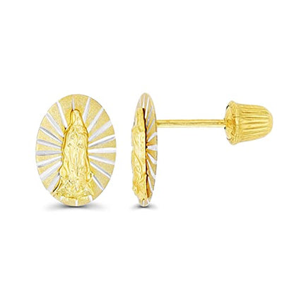 14K Yellow Solid Gold Religious Earrings | Virgin Mary & Lady Guadalupe Stud Earrings - color: ScrewBack-Oval Virgin Mary