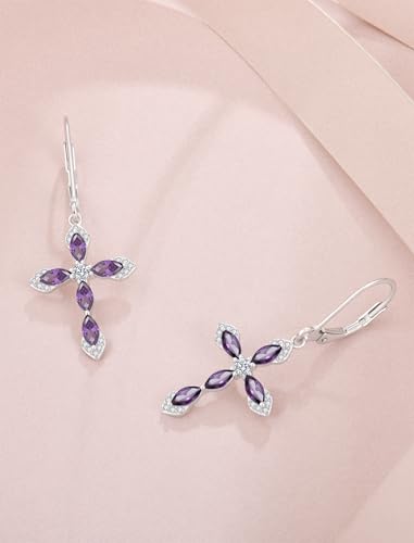 Birthstone Cross Earrings for Women 925 Sterling Silver - color: 02 February - Amethyst