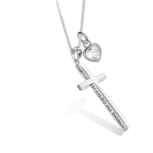 POPLYKE Cross Necklace 925 Sterling Silver Philippians 4:13 I Can Do All The Things Inspirational Necklace Gifts for Women Men 20+2'' - color: silver-04 April