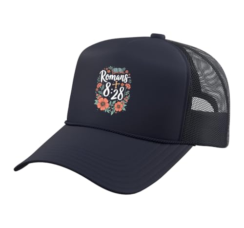 Romans 8:28 Bible Verse Flowers Cross Christian Women Trucker Hat with Adjustable Mesh Back - color: Navy Blue