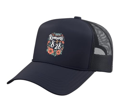 Romans 8:28 Bible Verse Flowers Cross Christian Women Trucker Hat with Adjustable Mesh Back - color: Navy Blue