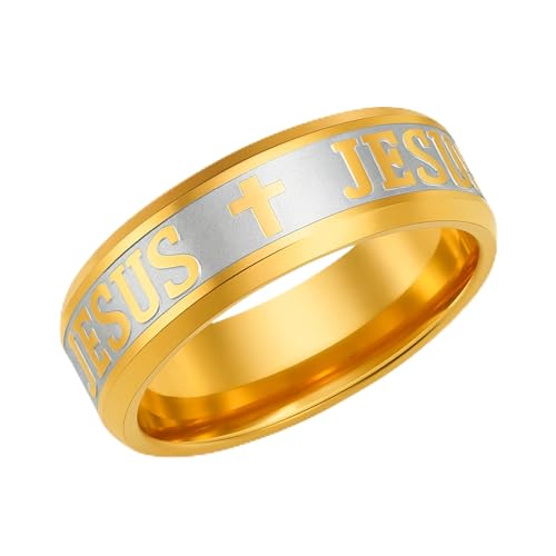 Uloveido Stainless Steel JESUS Cross Ring - Christian Faith Scripture Jewelry for Men - 8mm Comfort Fit Wedding Cross Band Durable Polished - color: Gold