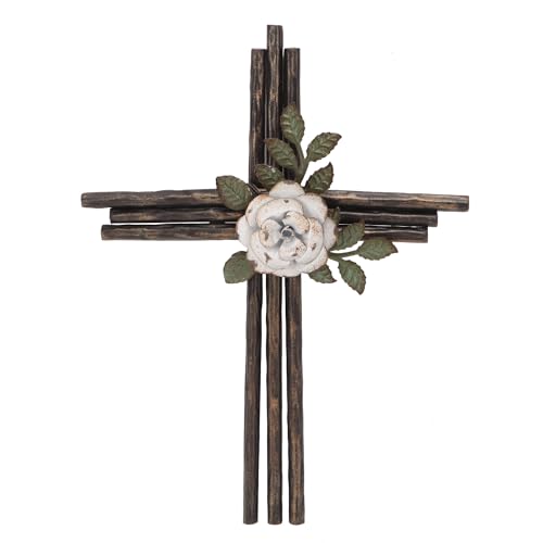 Synovana Wall Cross, Rustic Metal Cross Wall Decor with White Rose, Inspirational Christian Wall Crosses for Home Decor, Crucifix Gift - size: 12"L x 9.1"W