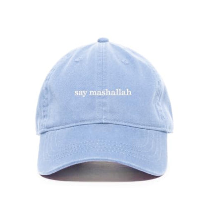 DSGN By DNA Say Mashallah Embroidered Hat Islamic Muslim Faith Inspired Cotton Baseball Cap Adjustable Dad Hat for Men&Women - color: Light Blue