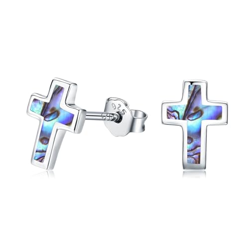 Opal Cross Stud Earrings, 925 Sterling Silver Hypoallergenic Stud Earrings - style: Abalone cross 8mm