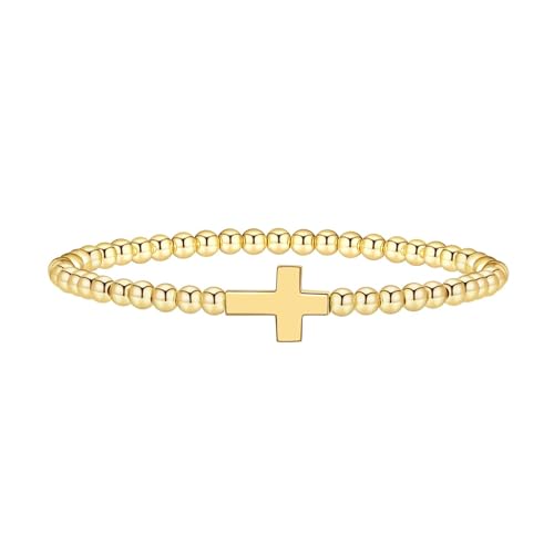 Gold Bracelets for Women 14K Gold Plated Bead Bracelet Hypoallergenic Stretch Bracelets for Women Elastic Bracelet Trendy Teen Gift Dainty Jewelry for Women - style: Cross