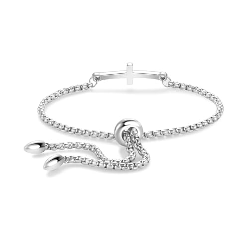 NARTGO Sideways Cross Christian Bracelet for Women Religious Faith Believe Bracelet Baptisms Jewelry Gift Stainless Steel Adjustable Chain - color: Silver