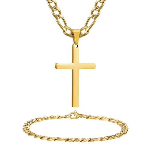 NORBU Stainless Steel Cross Necklace and Bracelet Set for Men, Cuban Link - color: Gold Figaro