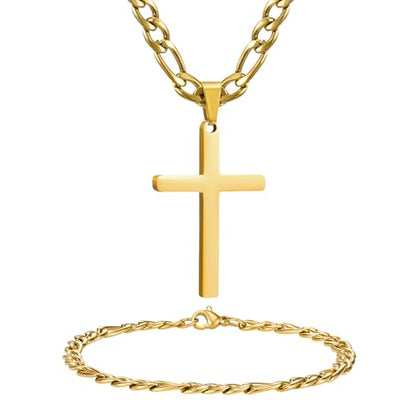 NORBU Stainless Steel Cross Necklace and Bracelet Set for Men, Cuban Link - color: Gold Figaro