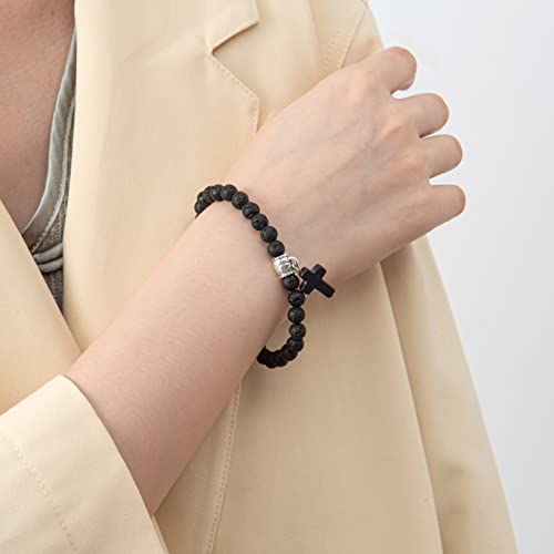 Softones 6mm Bead Cross Pendant Bracelet for Women Healing Stone Stretch Prayer Bracelet for Women,with Gift Box - color: Lava