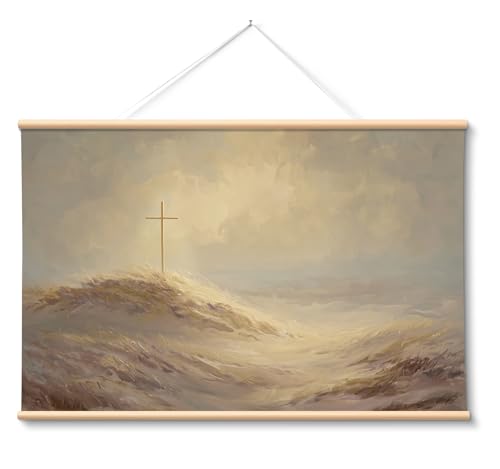 VIYYIEA Large Framed Christian Wall Art, 24x36 Inch Cross Landscape Canvas Print, Faith Inspired Religious Wall Decor with Golden Light for Prayer Room and Living Room - color: Cross on the Hillside
