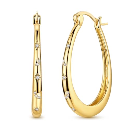 LAZA 925 Sterling Silver Earrings for Women Huggies Hoop Gold Earrings - color: Gold Moon Star Sun hoop Earrings