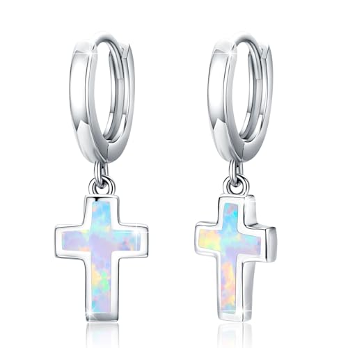 Opal Cross Stud Earrings, 925 Sterling Silver Hypoallergenic Stud Earrings - style: Cross Dangle