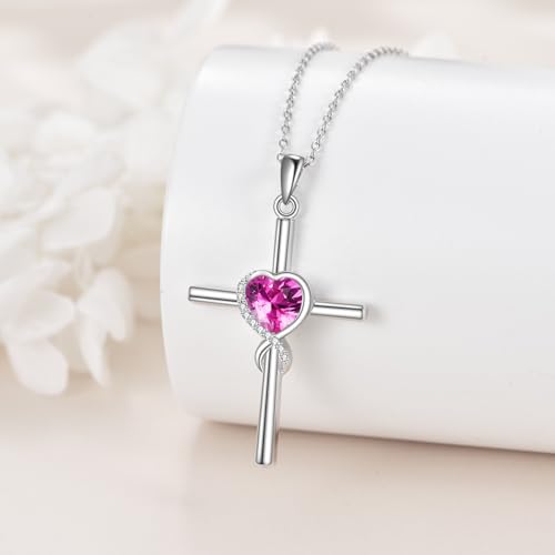 S925 Sterling Silver Cross Necklace for Women Birthstone Necklace Heart Infinity Cross Pendant Necklace Christmas Valentines Day Gifts Birthday Holiday Gifts for Her, 18"+2" Inches - color: 10-October Birthstone - Tourmaline
